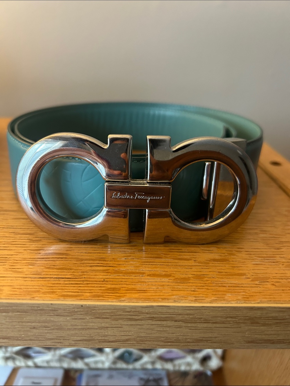 Salvatore Ferragamo Teal Leather Belt with Gancini Buckle